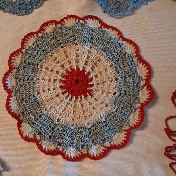 4 Pc. Handmade Vintage Crochet Doilies Set in Blue,Red, & White. - Picture 3 of 12